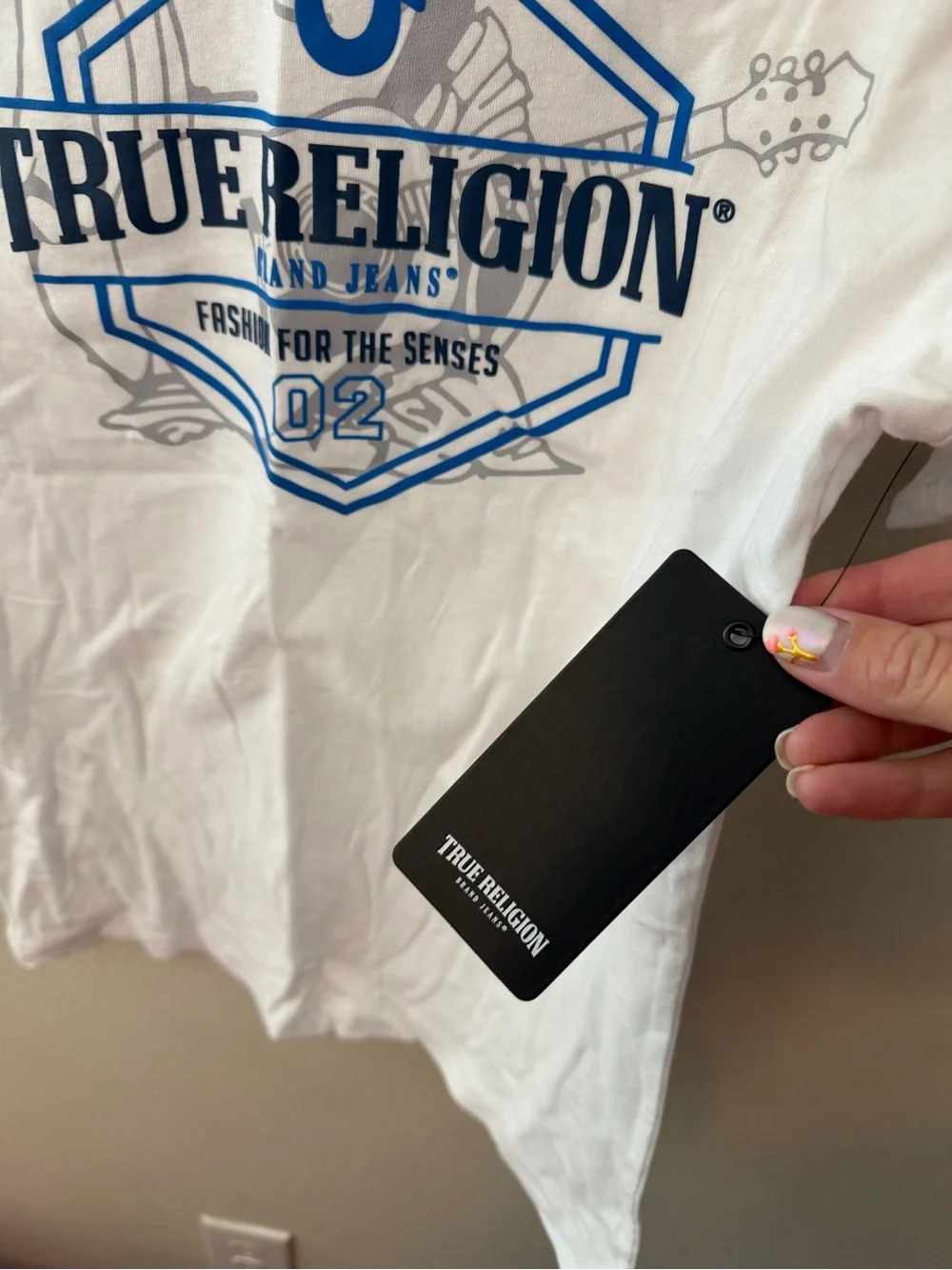True Religion White Short-Sleeve Tee with Blue Graphic Logo
